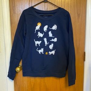 Blue ModCloth sweater w/ white cats/yellow accents